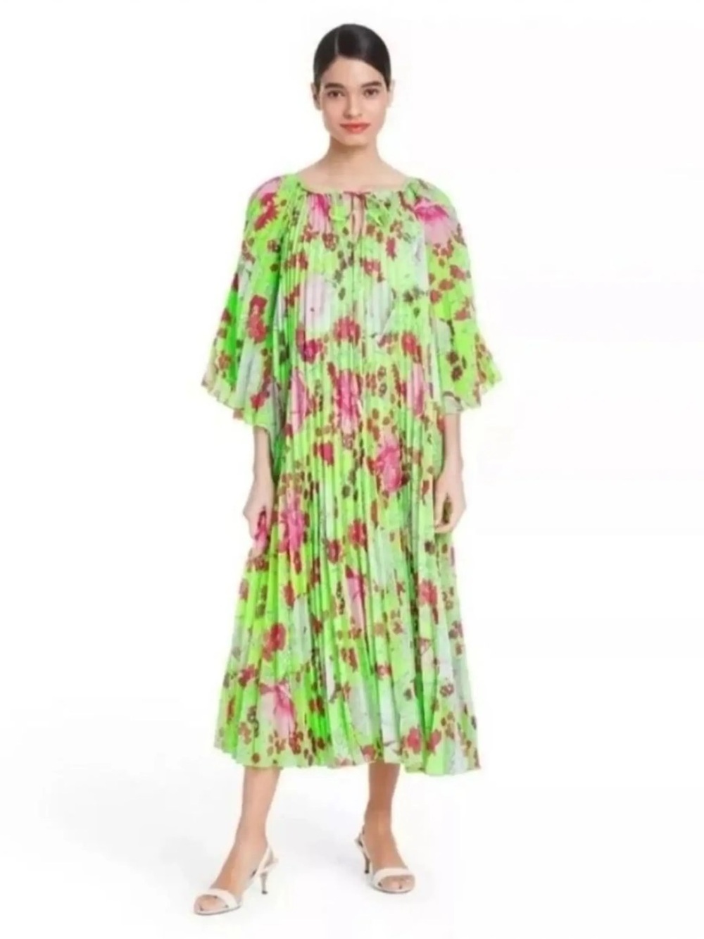 Christopher John Rogers for Target Floral Pleated Green Dress Pink Accents